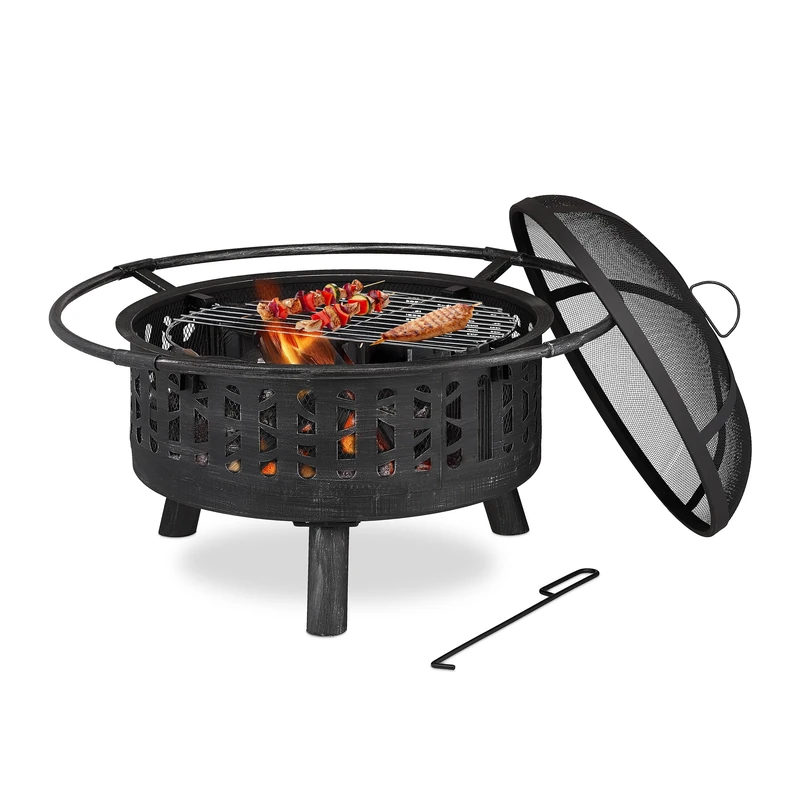 Relaxdays Fire Bowl with Grill Grate, Spark Protection and Poker, Ø: 75 cm, Log Burner, Barbecue, Steel, Black/Silver
