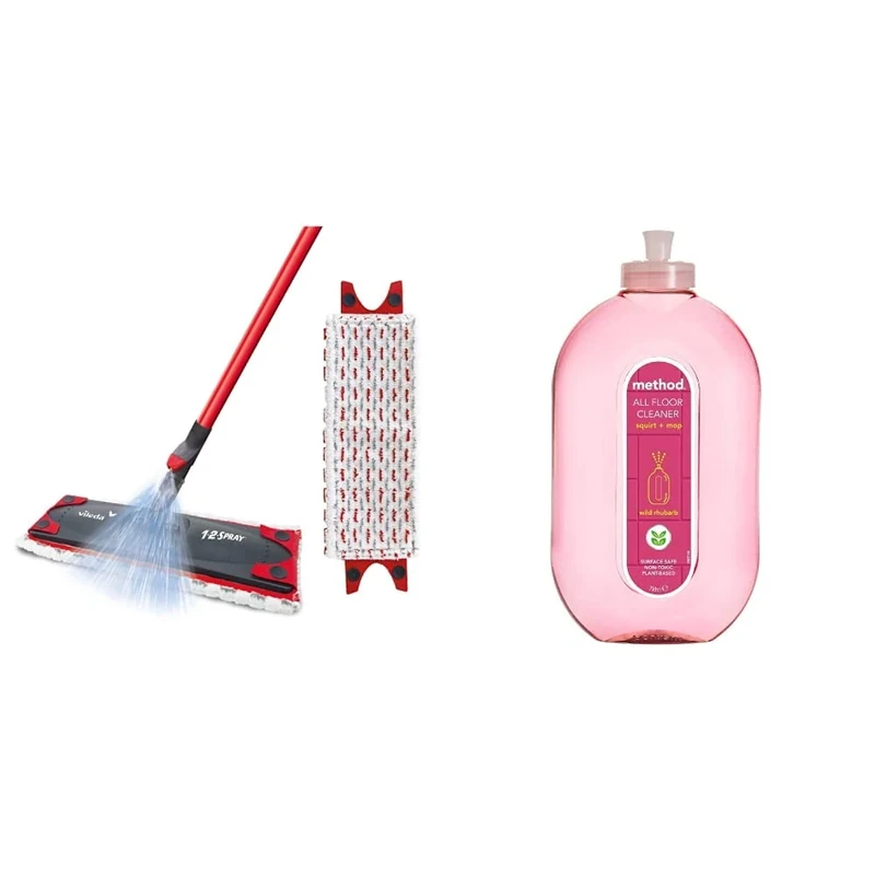 Vileda 1-2 Spray Mop, Microfibre Flat Floor Spray Mop with Extra Head Replacement, Set of 1x Mop and 1x Refill & Method Floor Cleaner, Wild Rhubarb, 739 ml