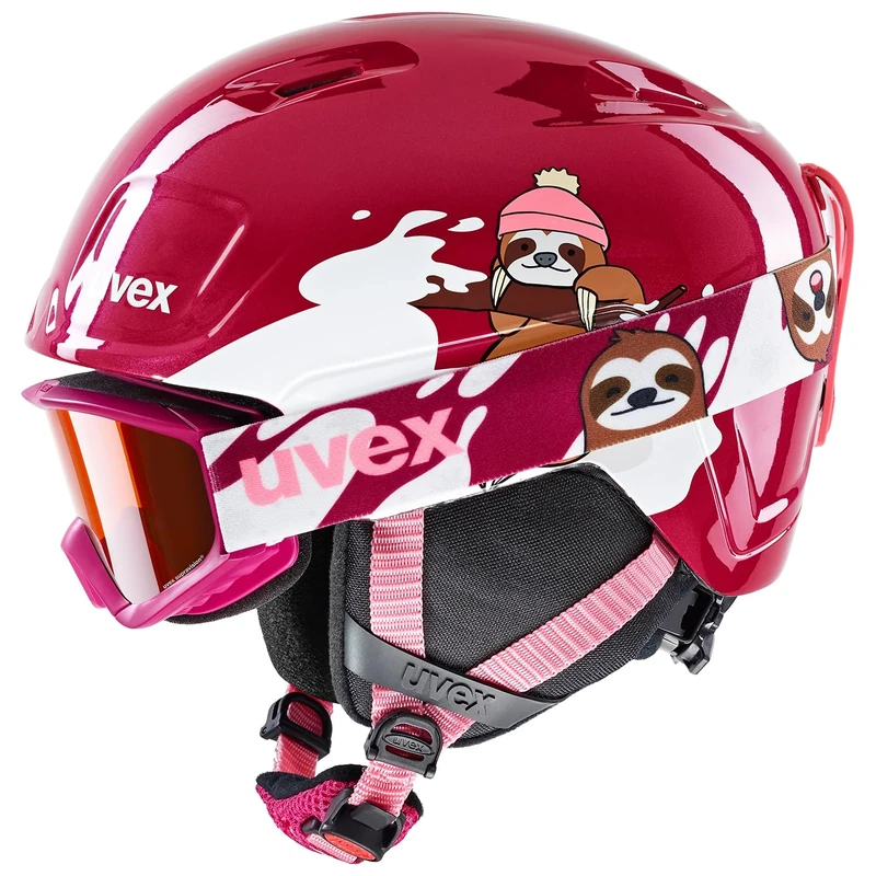 uvex Heyya Set - Ski Helmet & Google Set for Kids - Individual Fit - Contrast Enhancing - Berry - White sloth - 46-50 cm