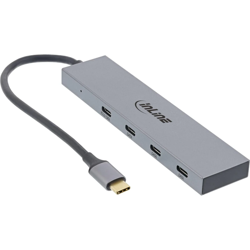InLine® USB 3.2 Gen.2 Hub (10 Gb/s), USB Type-C to 4 Port Type-C (1 Port Power Through up to 100 W), OTG, Aluminium Housing, Grey, without Power Supply