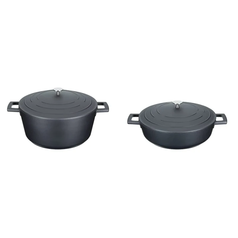 MasterClass Cast Aluminium Induction-Safe Non-Stick Casserole Dish with Lid, Black, 5 Litre, 28 cm & Shallow Casserole Dish with Lid, Black, 4L