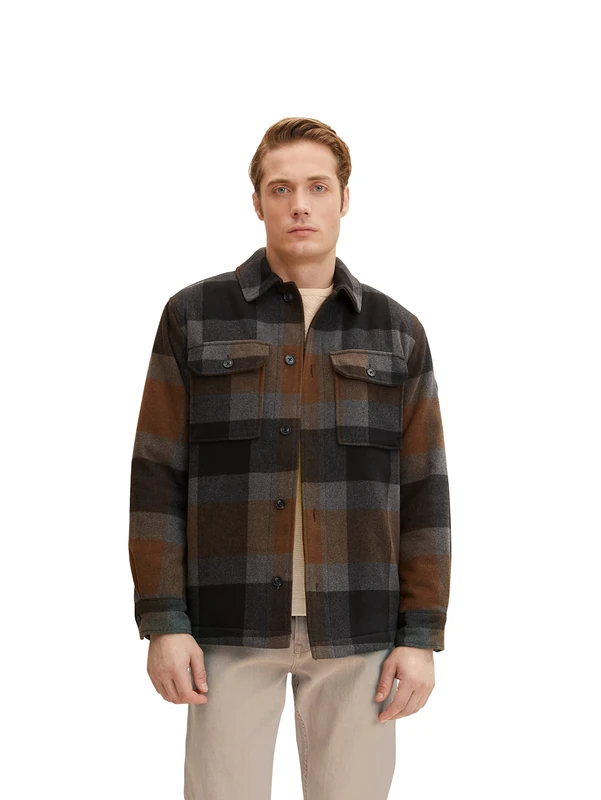 TOM TAILOR Men's Wool Overshirt 1032501, 30511 - Grey Brown Big Wool Check, XXL