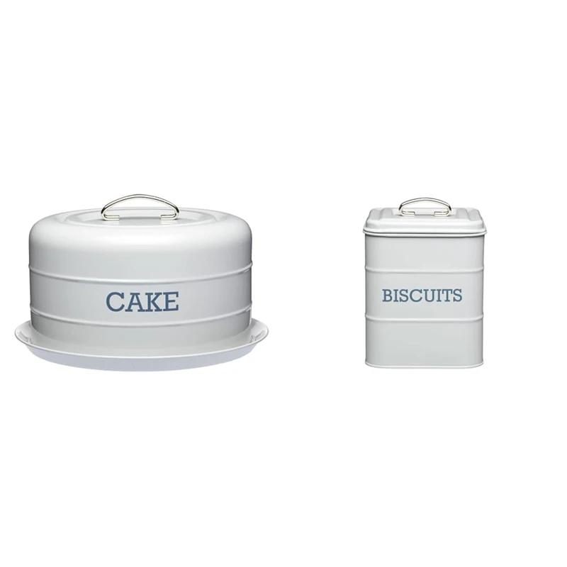 Living Nostalgia KitchenCraft Cake Tin Storage, Airtight Cake Storage Tin/Cake Dome, 28.5 x 18 cm - French Grey LNBISCGRY Biscuit Tin, Grey, 14.5 x 19 cm