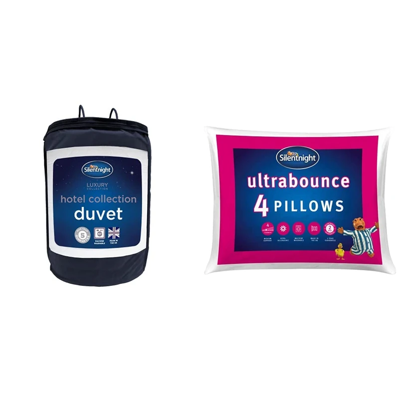 Silentnight Hotel Collection Duvet, 10.5 Tog - King & Ultrabounce Pillows Pack of 4 – Medium Support Soft Bouncy Hotel Bed Pillows 4 Pack – Hypoallergenic Machine Washable