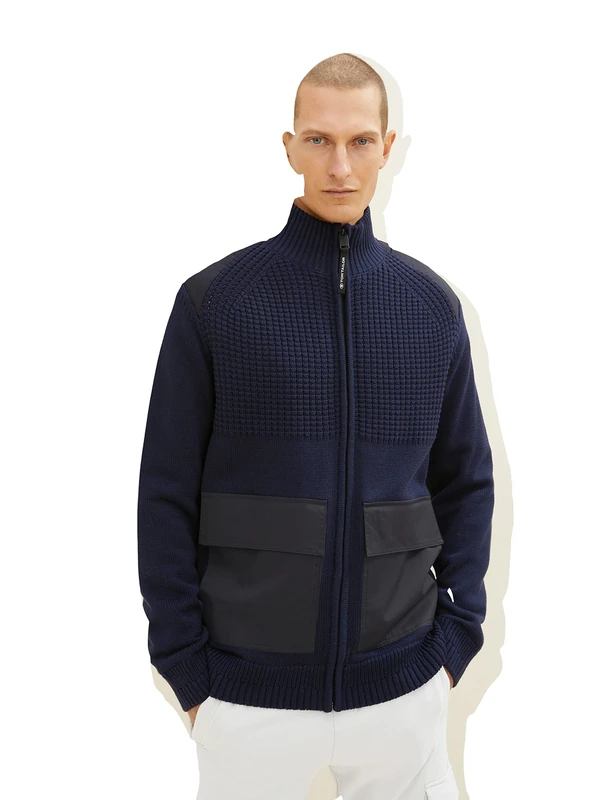 TOM TAILOR Men's Cardigan with Teddy Fur 1033530, 13160 - Knitted Navy Melange, S - Image 1
