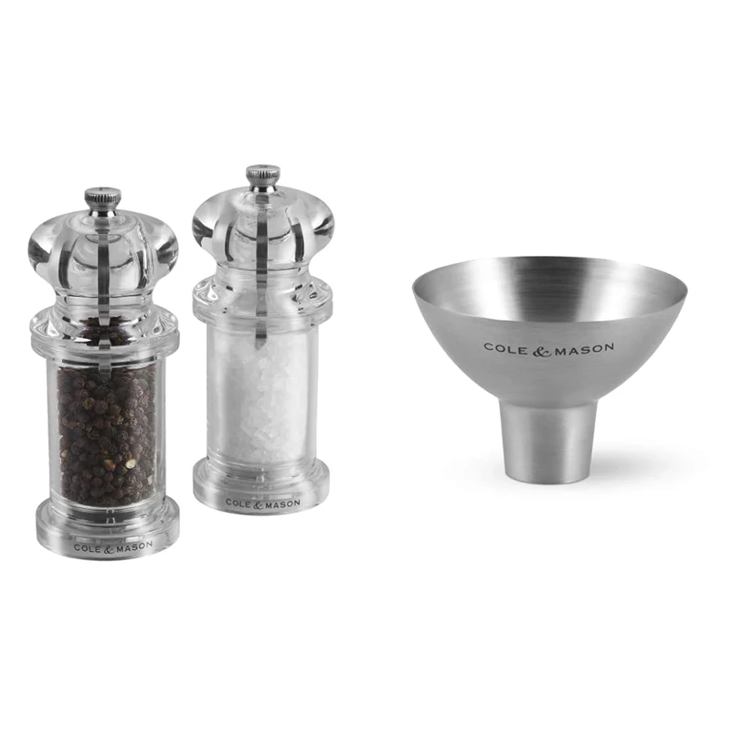 Cole & Mason H50518P 505 Clear Salt and Pepper Mills & H611928CS Dover Stainless Steel Funnel | Salt & Pepper Mill/Spice Shaker/Spice Jar/Oil & Vinegar Refill Tool | 2 Year Guarantee