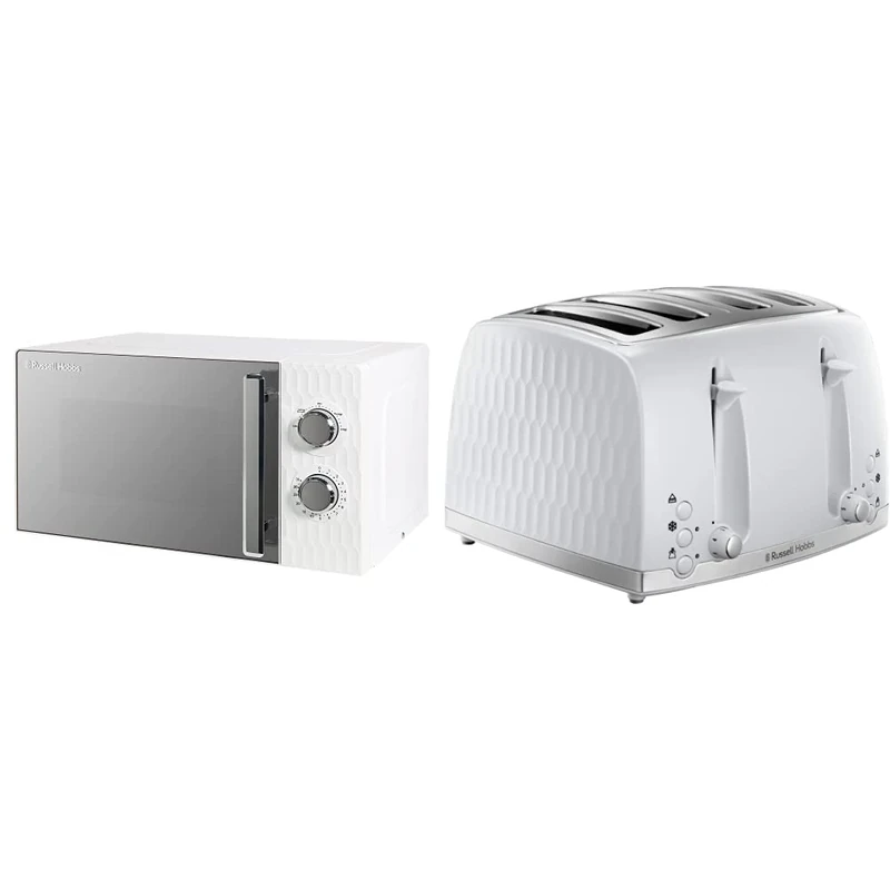 Russell Hobbs Honeycomb RHMM715 17 Litre 700W Manual Microwave & 4 Slice Toaster - White Contemporary Honeycomb Design with Extra Wide Slots and High Lift Feature