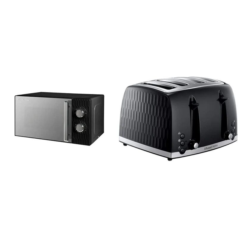 Russell Hobbs Honeycomb RHMM715B 17 Litre 700W Black Solo Manual Microwave & 26071 4 Slice Toaster - Contemporary Honeycomb Design with Extra Wide Slots and High Lift Feature, Black
