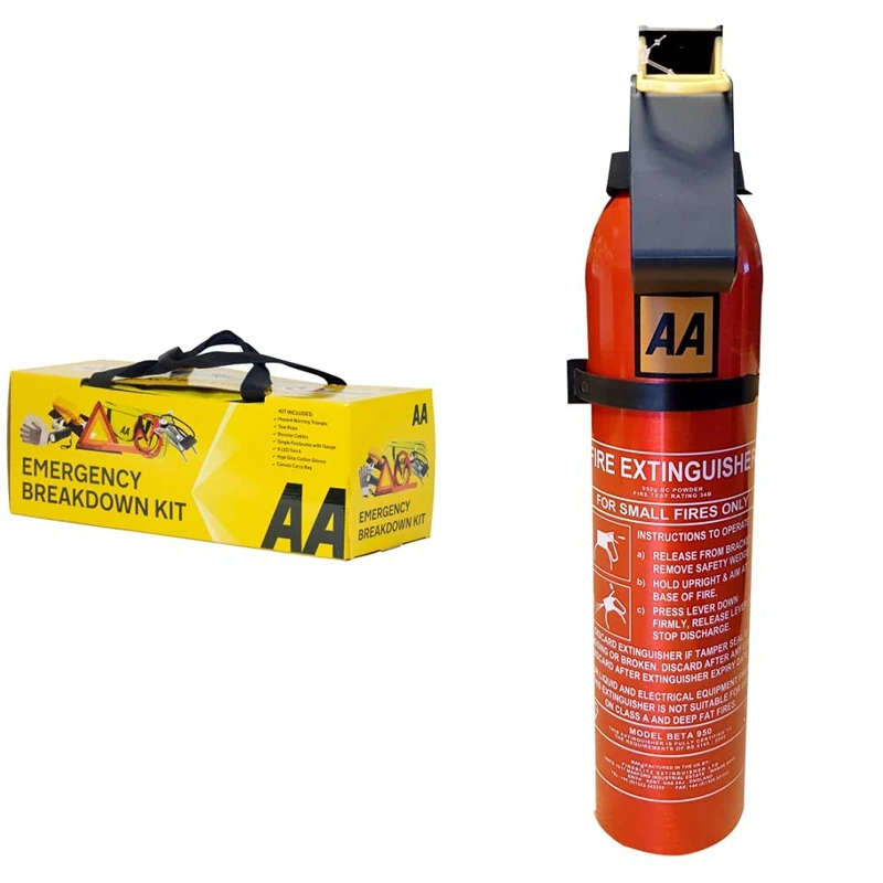 AA Car Essentials 5060114610651 Emergency Breakdown Kit & 950g Fire Extinguisher 1547 - Uses BC Powder Small Fires - Lightweight Easy To Use UK Made 5 Year Warranty