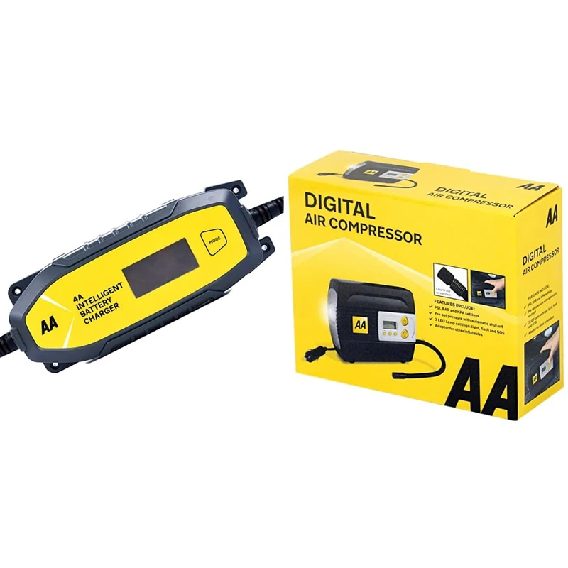 AA AA0725 4A Intelligent Car Battery Charger & 12V Digital Tyre Inflator AA5502 – For Cars Other Vehicles Inflatables Bicycles - Shows PSI BAR KPA 0-120 PSI – Includes Adaptors