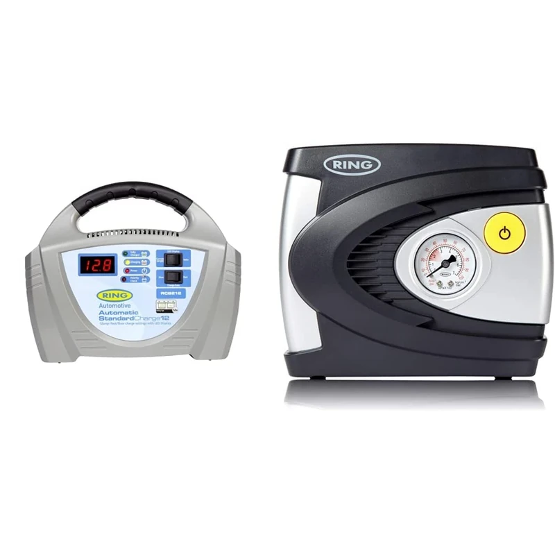 Ring RCB212 12V Battery Charger, 12A Charger for Vehicles Up to 3.0L, Grey & RAC610 In-Car Air Compressor for Cars and Commercial Vehicles 12 V / 85 W / 100 psi / 7 bar