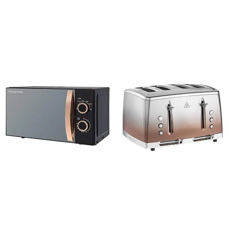 Russell Hobbs RHM1727RG 17 Litre 700 W Rose Gold Solo Microwave, 30 Minute Timer, Defrost Setting, Easy Clean & 25143 Copper Sunset Eclipse Polished Stainless Steel Ombre Four Slice Toaster