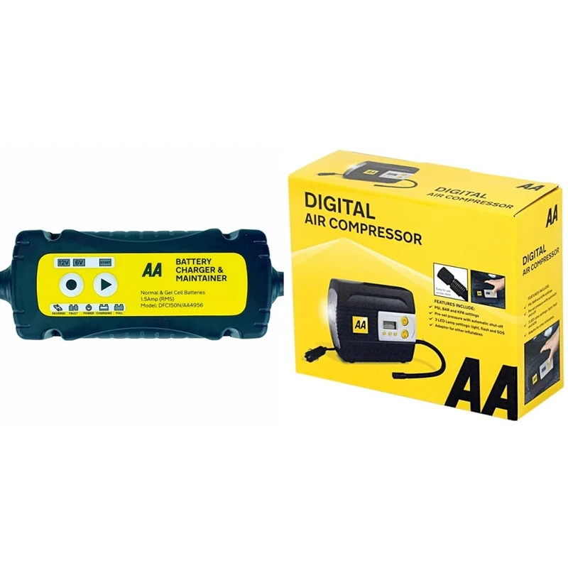 AA 1.5 Amp 6 V/12 V Car Battery Charger Maintainer AA4956 UK Plug Fully Automatic & 12V Digital Tyre Inflator AA5502 – For Cars Other Vehicles Inflatables Bicycles - Shows PSI BAR KPA 0-120 PSI