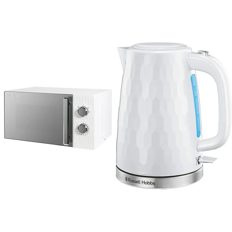 Russell Hobbs Honeycomb 17L 700W Solo Manual White Microwave & 26050 Cordless White Kettle - Contemporary Honeycomb Design with Fast Boil and Boil Dry Protection, 1.7 L