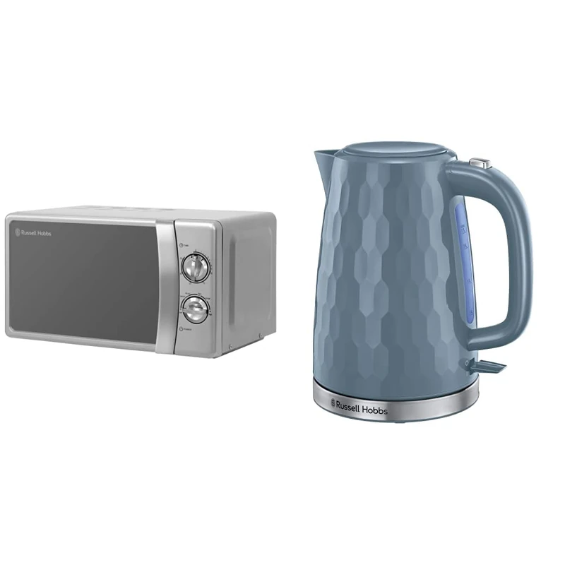 Russell Hobbs RHMM701S 17 Litre 700 W Silver Solo Manual Microwave & 26053 Cordless Electric Kettle - Contemporary Honeycomb Design with Fast Boil and Boil Dry Protection, 1.7 Litre, 3000 W, Grey
