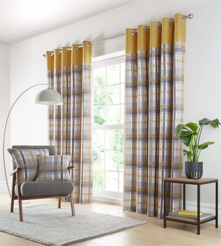 Portfolio Home Orleans Tartan Check Modern Ochre 66x90 Eyelet Ring Top Curtain Pair