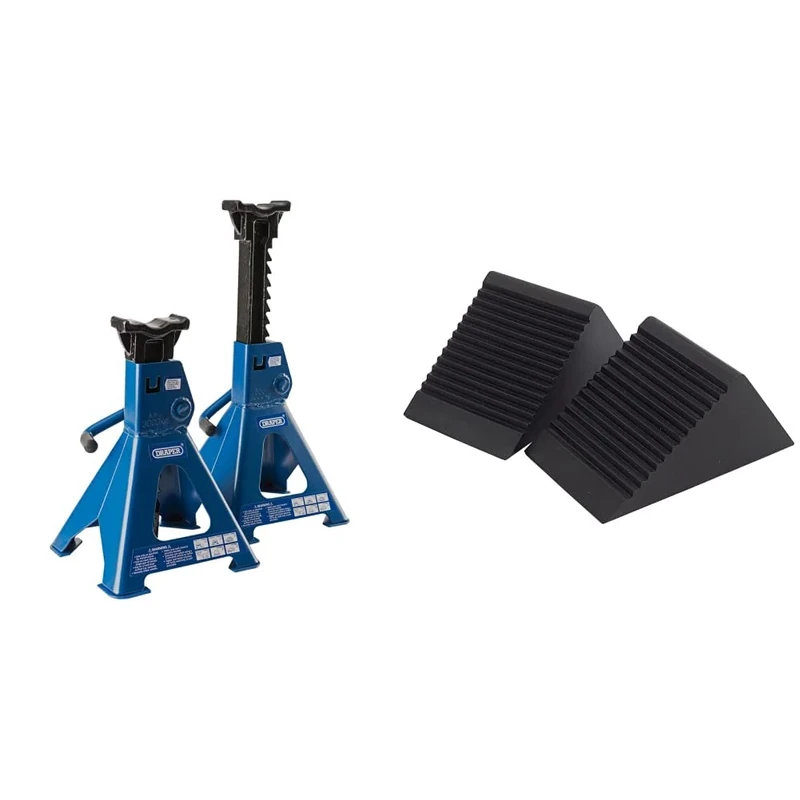 Draper 30881 Ratcheting Axle Stand, 3 Tonne Capacity, 34mm x 90mm Saddle, Pair & 54500 Rubber Wheel Chock, Pack of 2
