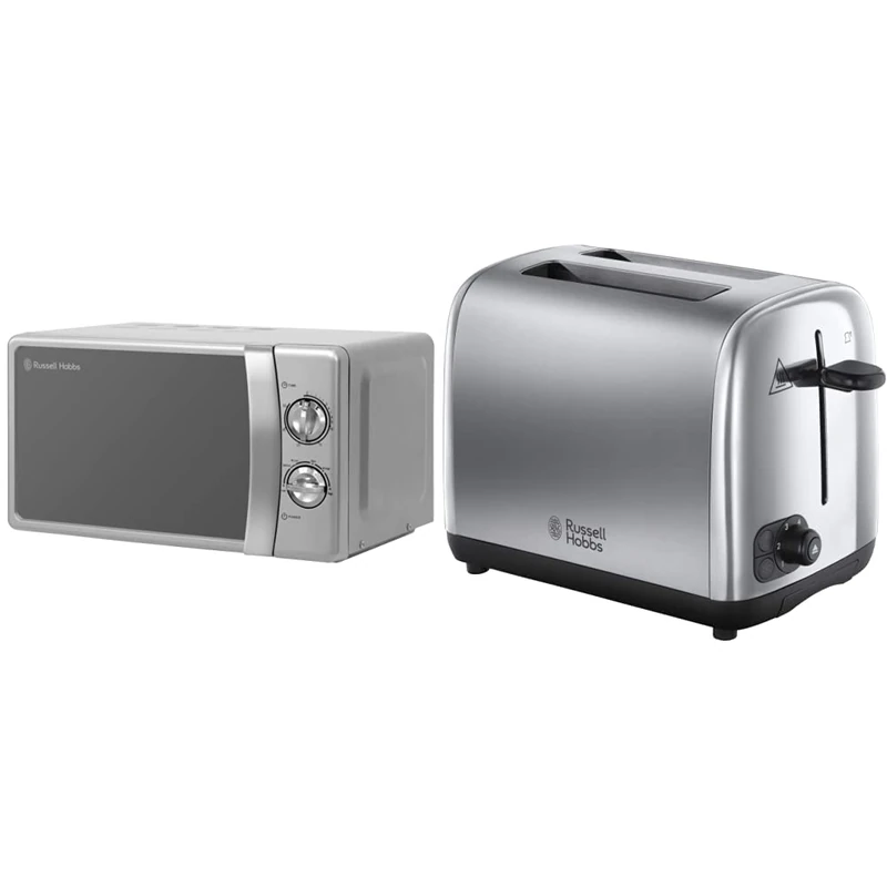 Russell Hobbs RHMM701S 17 Litre 700 W Silver Solo Manual Microwave with 5 Power Levels & 24080 Adventure Two Slice Toaster, Stainless Steel, 2 Slice, Brushed and Polished