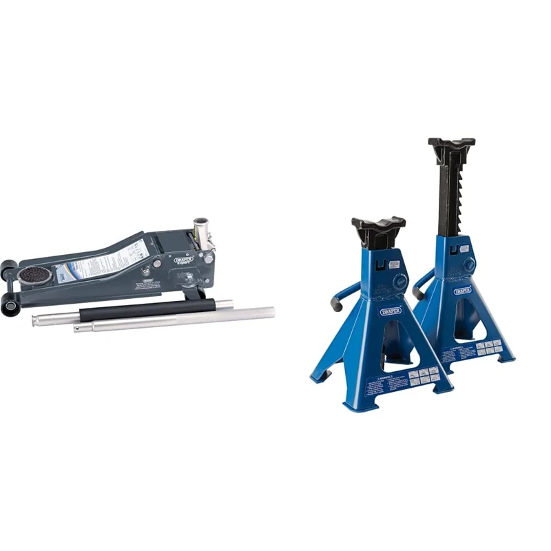 Draper 31481 Low Profile Quick Lift Trolley Jack, 2 Tonne Capacity & 30881 Ratcheting Axle Stand, 3 Tonne Capacity, 34mm x 90mm Saddle, Pair