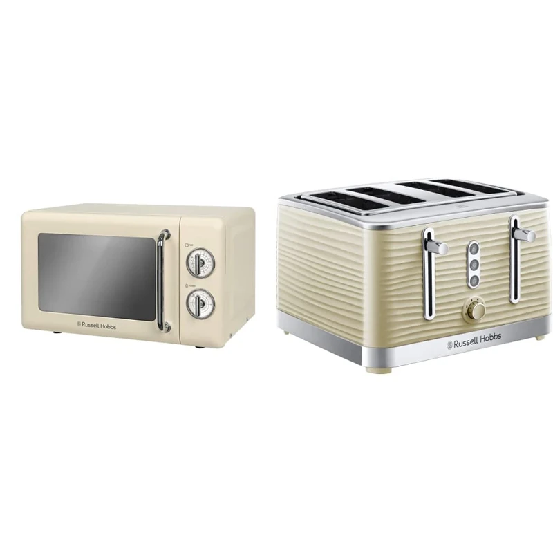 Russell Hobbs RHRETMM705C 17 L 700 W Cream Compact Retro Solo Manual Microwave & 24384 Cream Inspire 4 Slice Toaster, Wide Slot with Lift and Look Feature, High Gloss Chrome Accents, 1800 W