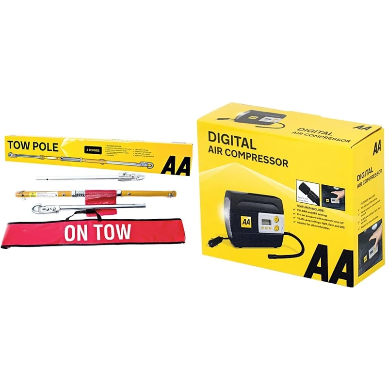 AA Rigid Steel 3 Part Tow Pole AA6165 - for Towing Cars and Vehicles up to 2 Tonnes & 12V Digital Tyre Inflator AA5502 – For Cars Other Vehicles Inflatables Bicycles - Shows PSI BAR KPA 0-120 PSI