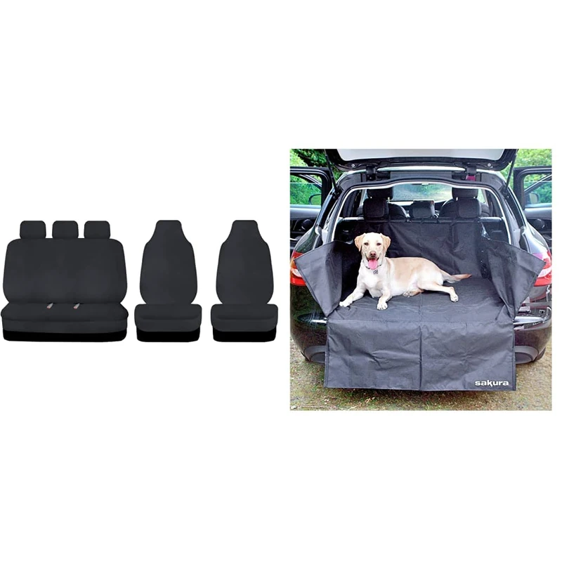 Sakura Car Seat and Headrest Coverss - Full Set of Heavy Duty Waterproof Protectors in Black & Boot Liner Bumper Protector For Cars SS4612 - Universal Fit Heavy Duty Wipe Clean Tear Proof