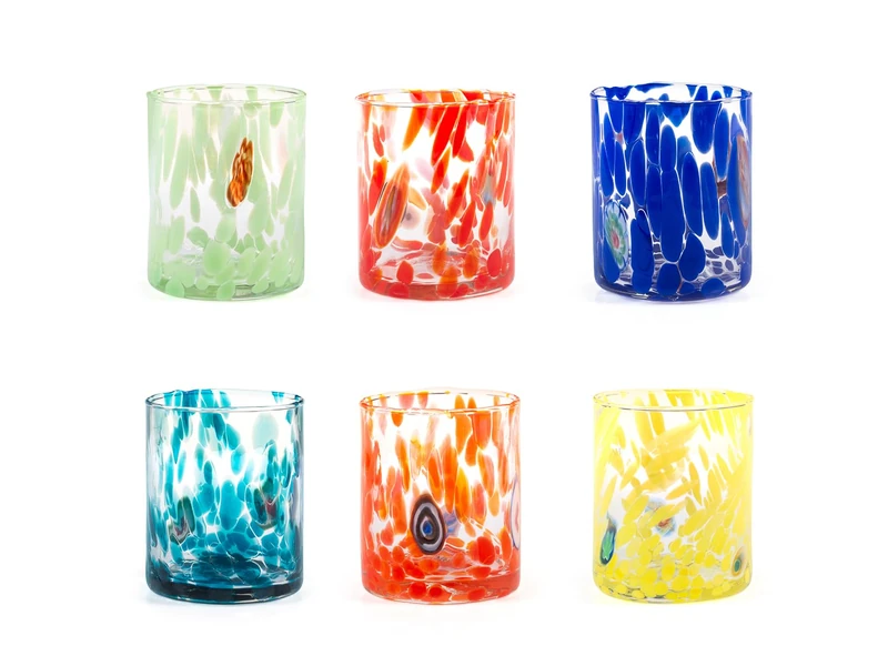 H&H Veneziano Set of 6 Glasses, 36cl, Assorted Colours, Hand Made in Italy