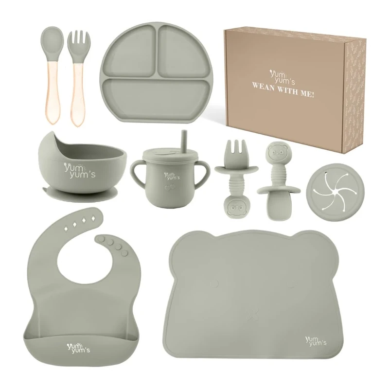 Yum Yum's Baby 10 Pcs Grey Weaning Set - Complete Toddler Feeding Kit w/Sectioned Plate, Suction Bowls, Cutlery with Mouth Guard, Straw Cup, Bib & Mat - Non-Slip - for Toddlers & Baby Gift