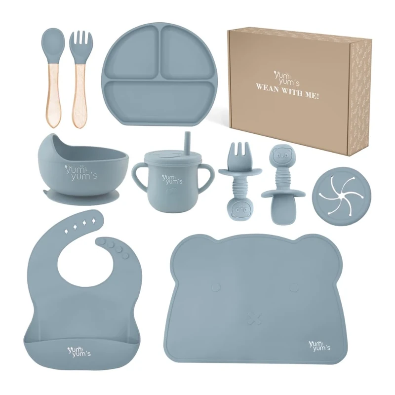 Yum Yum's Baby 10 Pcs Blue Weaning Set - Complete Toddler Feeding Kit w/Sectioned Plate, Suction Bowls, Cutlery with Mouth Guard, Straw Cup, Bib & Mat - Non-Slip - for Toddlers & Baby Gift