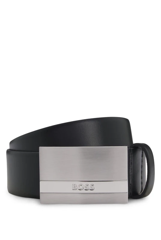 BOSS Mens Baxton Sz35 Italian-leather belt with logo-plaque buckle