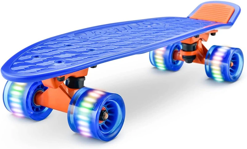 Hurtle Standard Skateboard Mini Cruiser - 6'' PP Deck Complete Double Kick Skate Board w/ 3.25" Aluminum Alloy Truck, PU Wheels w/LED Light - for Kids, Teens, Adults (Blue), One Size, (HCSK103) - Image 1