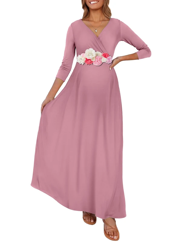 KIM S Maternity Long Maxi Dress with Flower Sash(S-3XL)/Wrapped Ruched V Neck Photoshoot Baby Shower Dresses, Ltmauve, M