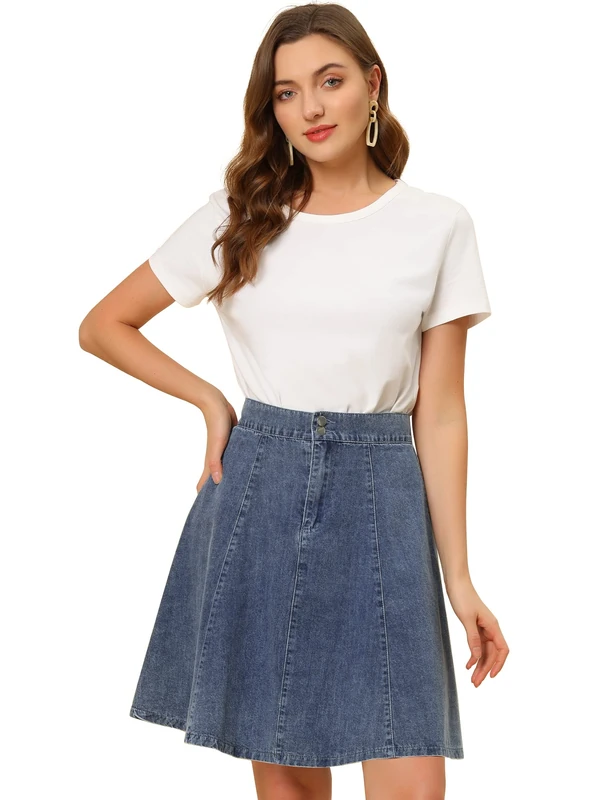 Allegra K Women's High Waisted A-Line Flared Casual Denim Skirt, Light Blue, L