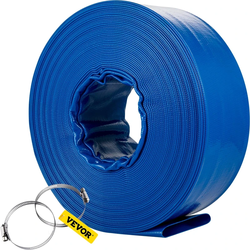 VEVOR Discharge Hose, 4" x 105', PVC Lay Flat Hose, Heavy Duty Backwash Drain Hose with Clamps, Weather-Proof & Burst-Proof, Ideal for Swimming Pool & Water Transfer, Blue