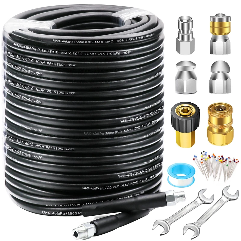 WEST Bay 150 FT Sewer Jetter Kit for Pressure Washer, 5800PSI Drain Cleaner Hose 1/4 Inch NPT, Corner, Rotating, Button Nose Sewer Jetting Nozzle Watertight Tape Pearl Corsage Pin with 2 Pcs Spanner