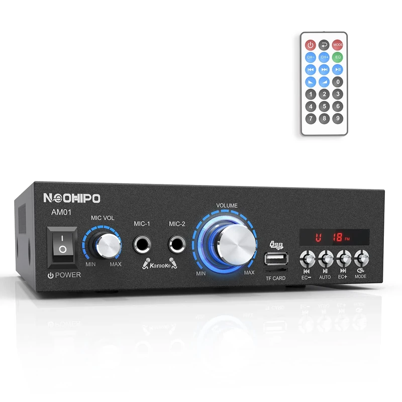 NEOHIPO Bluetooth Audio Amplifier, 2.0 Channel Hi-Fi Karaoke Amp 100W Peak Power Stereo Receiver for Home Passive Speakers, with RCA, BT, FM, USB, TF Card, 2 Micphones input and Remote Control AM01