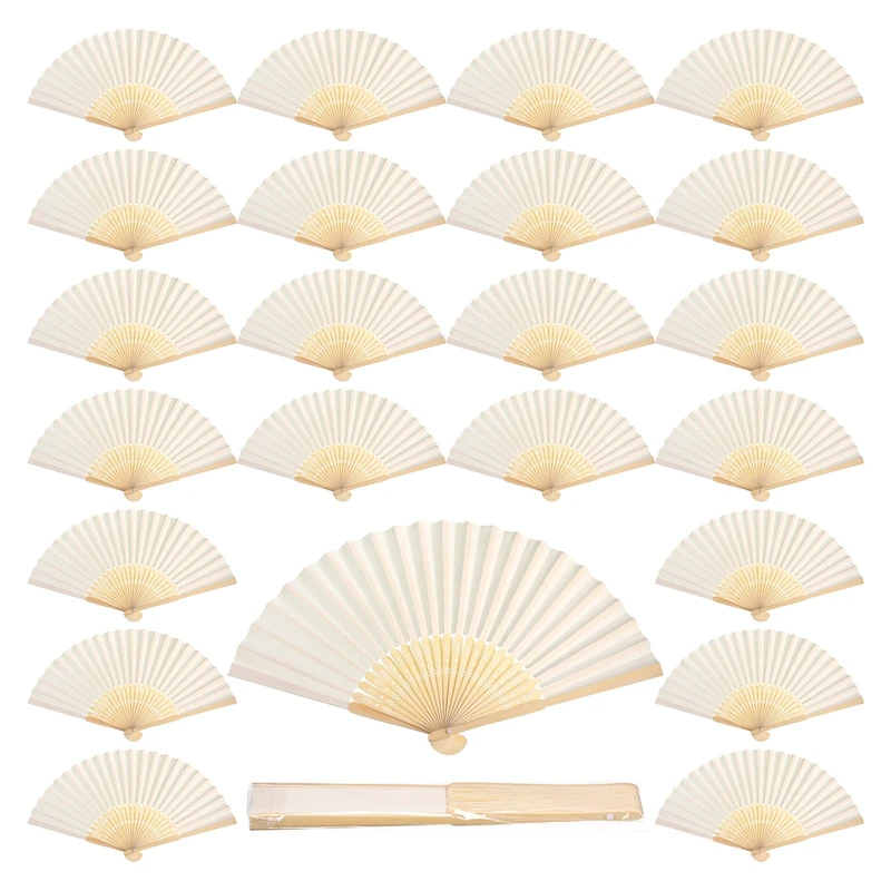 60 Pcs White Paper Hand Fan Bamboo Folding Fan Handheld Wedding Fans Folded Fan for Bridal Dancing Party Favors Church Home Office Decoration Gift DIY Supplies Stage Props in Opp Individual Package