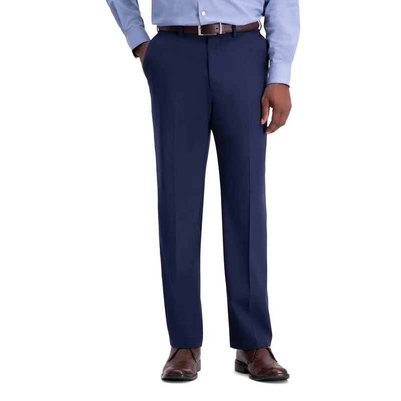 Haggar Mens Classic Fit Flat Front Solid Stretch Dress Trousers, Blue, 42W x 29L US