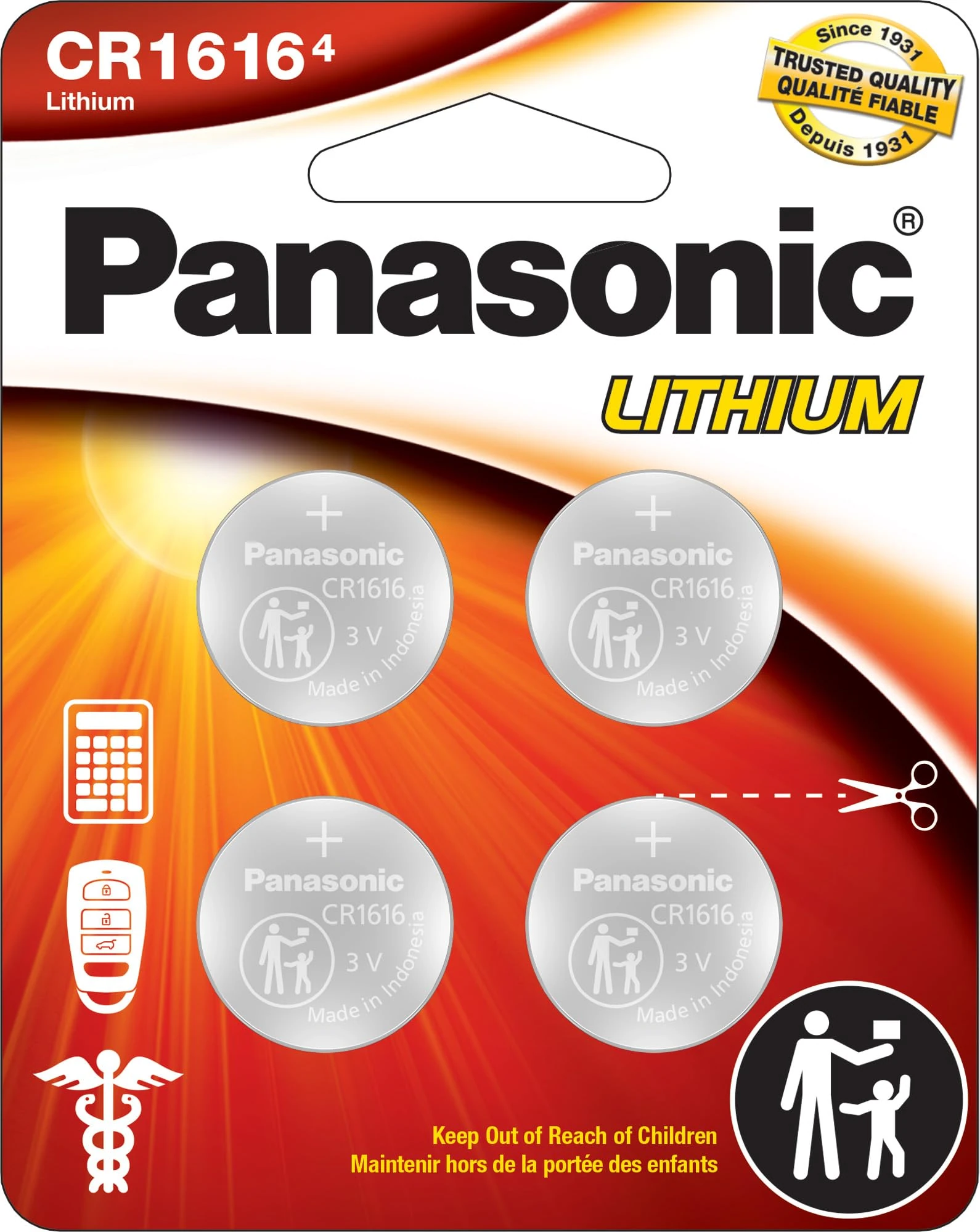 Panasonic CR1616 3.0 Volt Long Lasting Lithium Coin Cell Batteries in Child Resistant, Standards Based Packaging, 4-Battery Pack