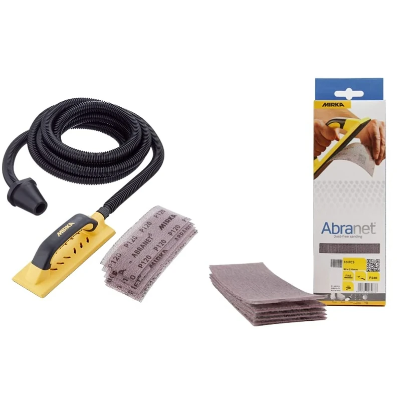 Mirka KIT01HANDY Handy Sanding Block - 80mm x 230mm - with Hose & Abranet Strips & Abranet Mesh Sanding Strips 80 x 230 mm | Velcro Sanding Sheets | Grain P180 | Pack of 10 | AE175F1018