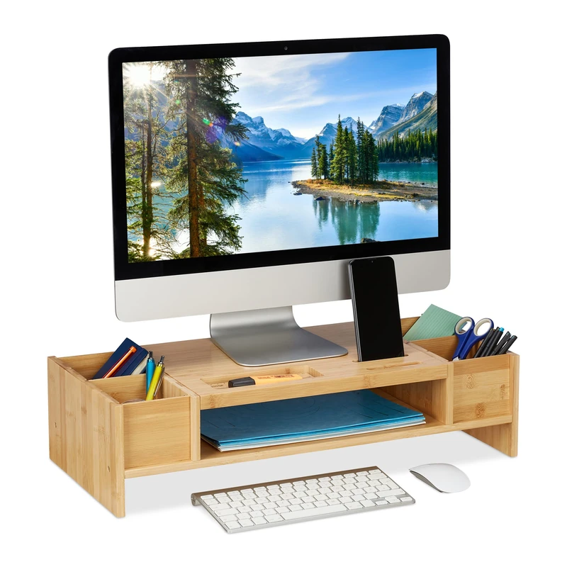 Relaxdays Monitor Stand Bamboo, Screen Raiser with Compartments, HWD 15.5 x 62.5 x 28cm, Display Base Desk, Natural Wood