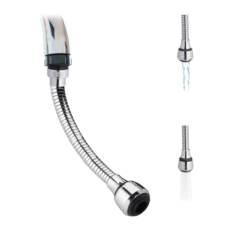 Relaxdays Tap Extension, Flexible Attachment, for Kitchen Tap, 2 Spray Types, 4 Threads: M16 to M24, 30 cm Long, Silver - Image 1