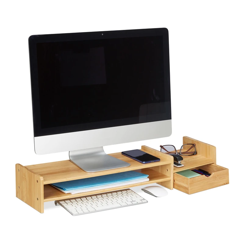 Relaxdays Monitor Stand Bamboo, Screen Raiser with Compartments, HWD 12x70x19cm, Display Base Desk, Natural Wood Colour