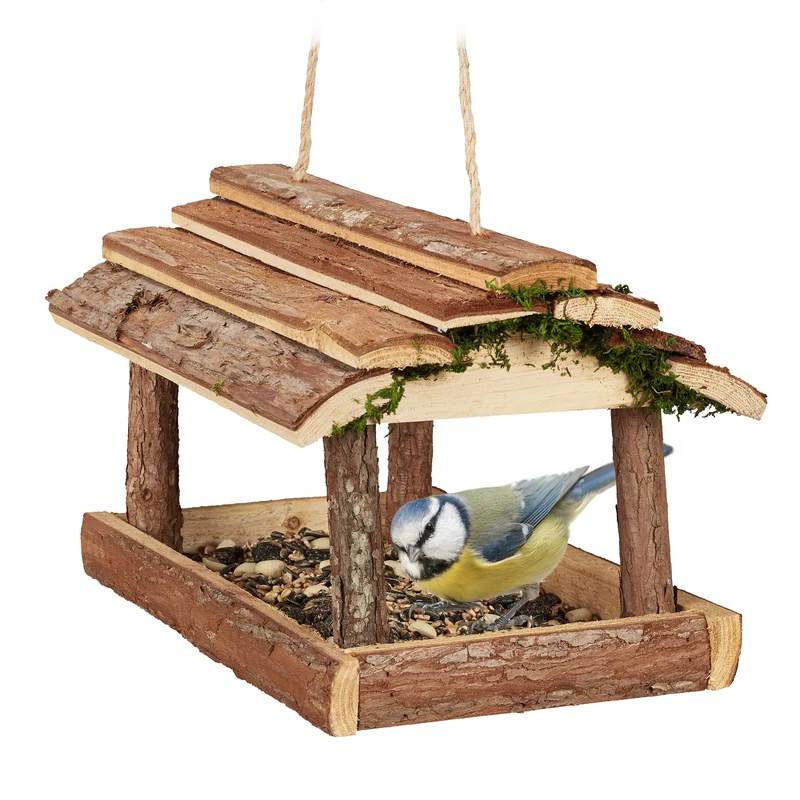 Relaxdays Hanging Bird Table - Natural Wood and Moss Feeder