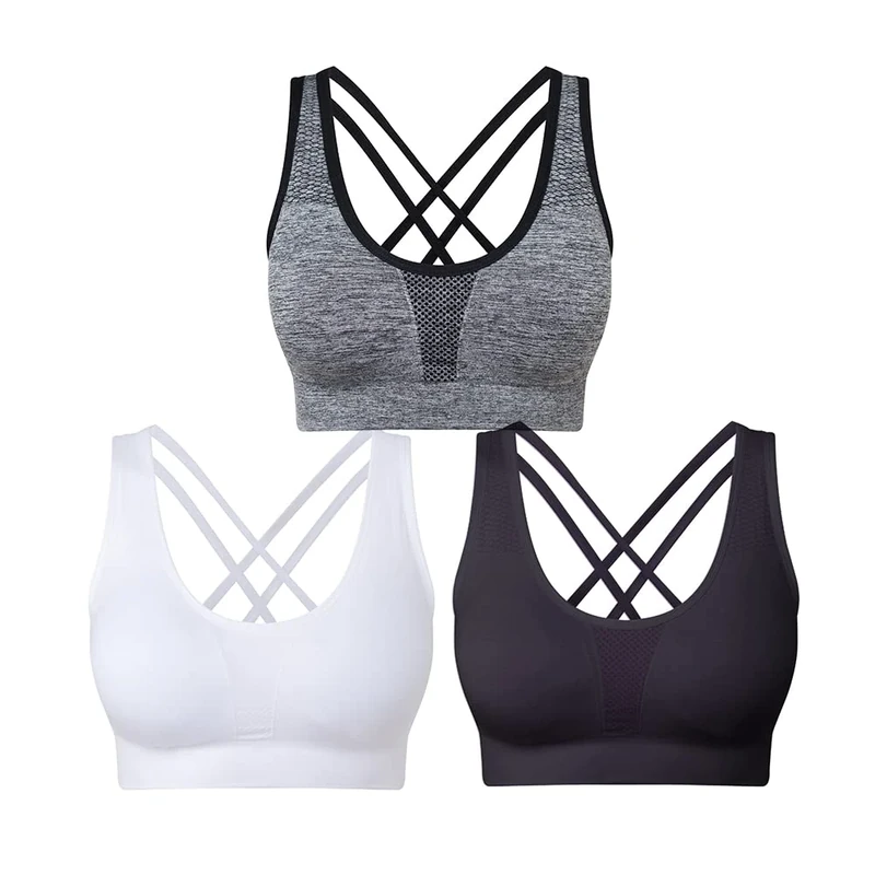 SEGRILA Women’s Sports Bras 3 Pack Crisscross Back Yoga Bras Medium Support Workout Bras with Removable Pads（Black&White&Grey, M）
