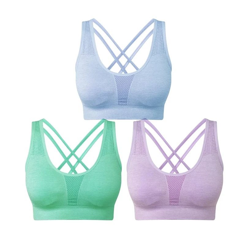 SEGRILA Women’s Sports Bras 3 Pack Crisscross Back Yoga Bras Medium Support Workout Bras with Removable Pads（Blue&Purple&Green, L）