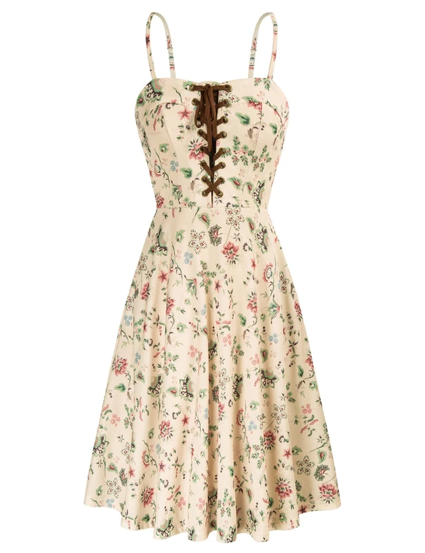 Scarlet Darkness Women's Sundress Summer Vintage Victorian Midi Dress with Pockets, Beige Floral, Small