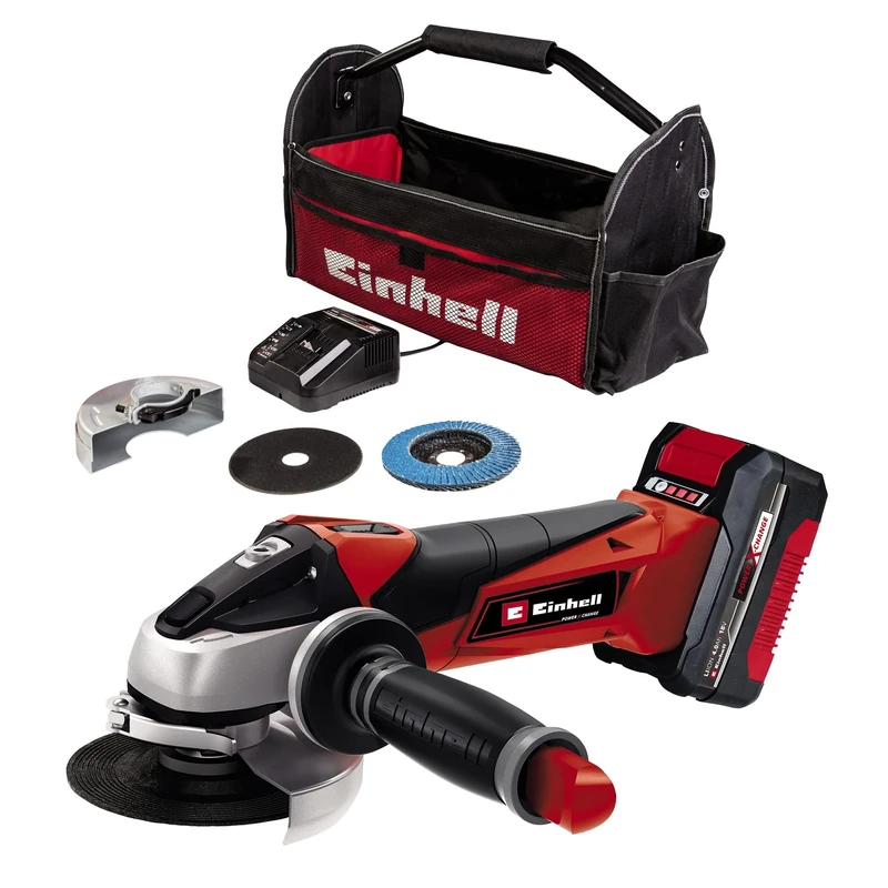 Einhell 4431134 Power Cordless Angle Grinder with Battery and Charger - 18V Disc Battery Grinder, TE-AG 18/115 Li Power Tool Set with Storage Bag, Red/Black, X-Change 115 mm (4 Inch)