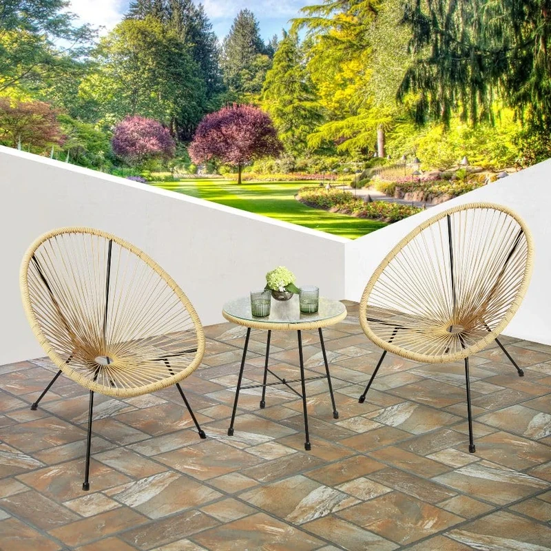 RayGar 3pcs Bistro Egg Designer String Chair Indoor & Outdoor Garden Set (Natural)
