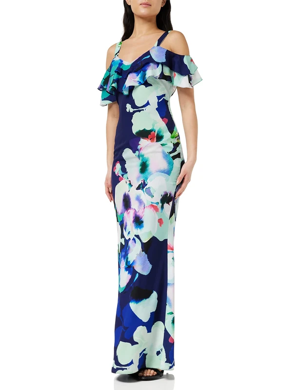 Gina Bacconi Women's Floral Crepe Maxi Dress Cocktail, Navy, 10